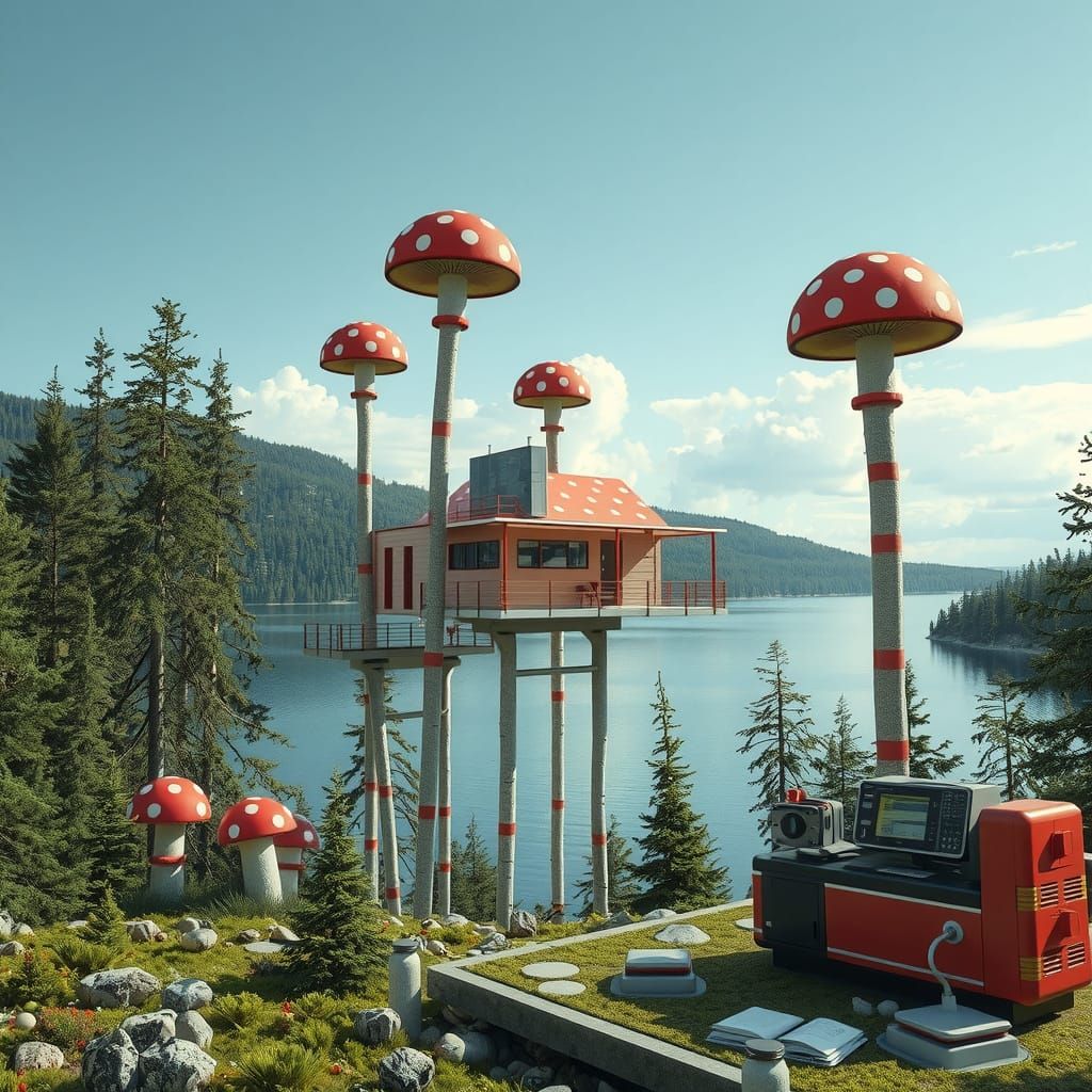 Surreal Modernist Metropolis with Quirky Mushroom Flag Tower...