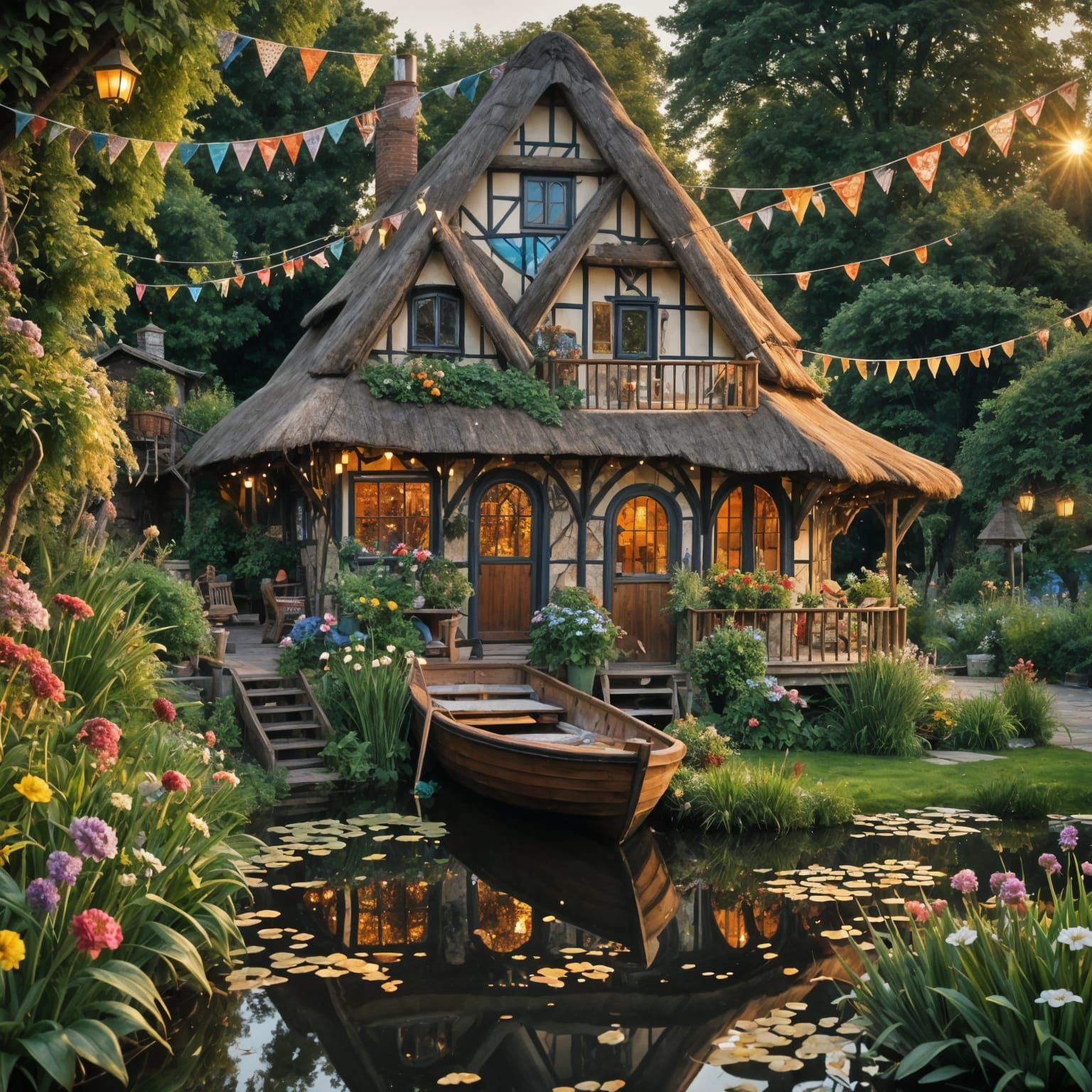 Whimsical Thatched Boat House on a Starlit Summer Lake