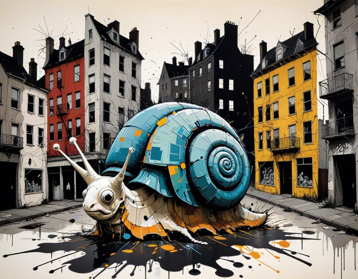 Whimsical Cubist Snail in Geometric Cityscape