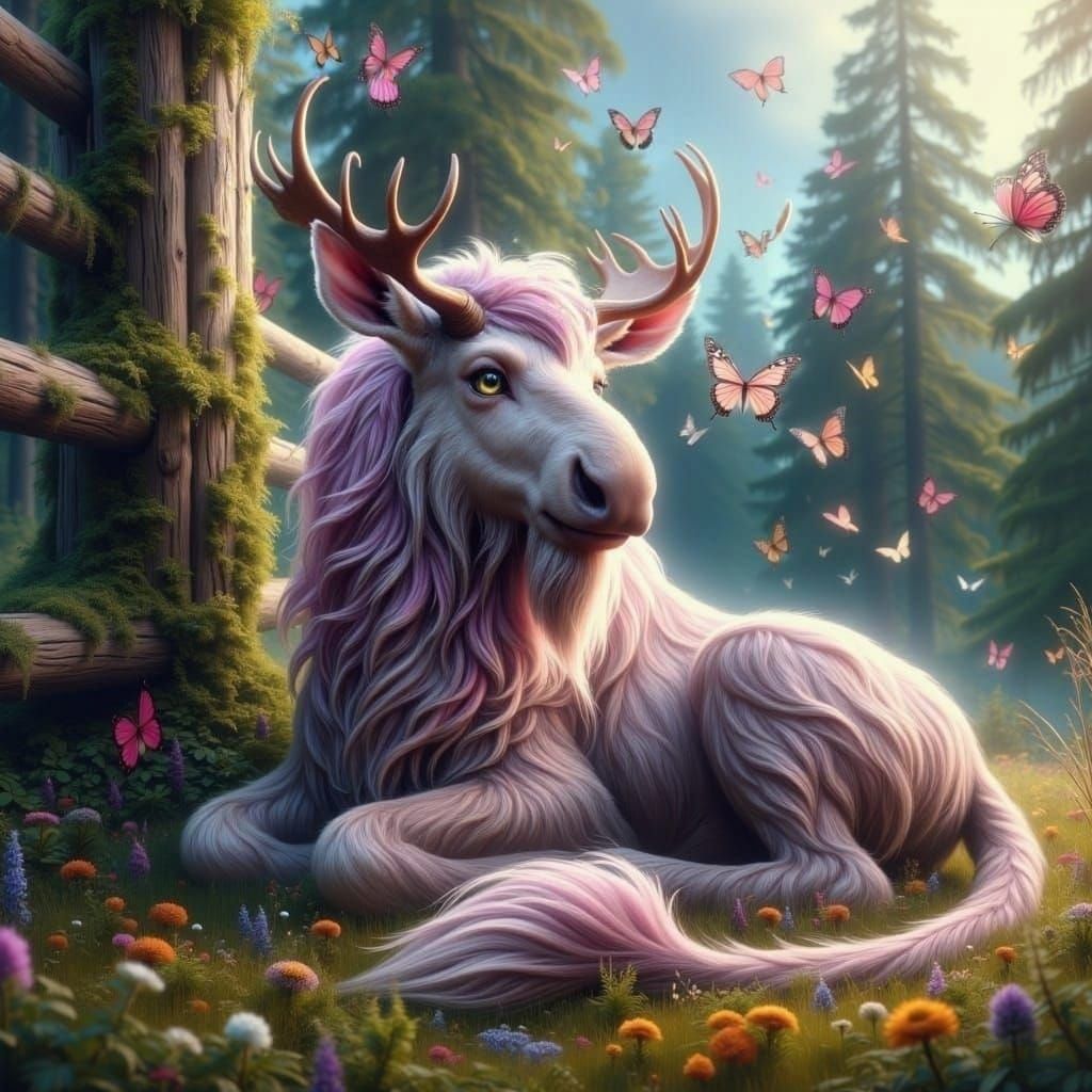 Hyperrealistic Moose Buffalo Deer Hybrid Watching Butterflie...