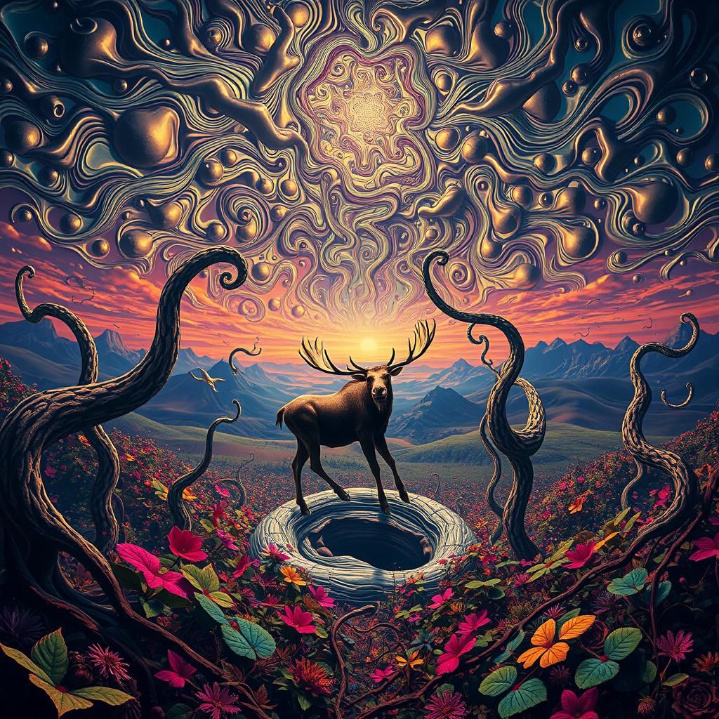 Surreal Landscape with Elastic Flora and Moose
