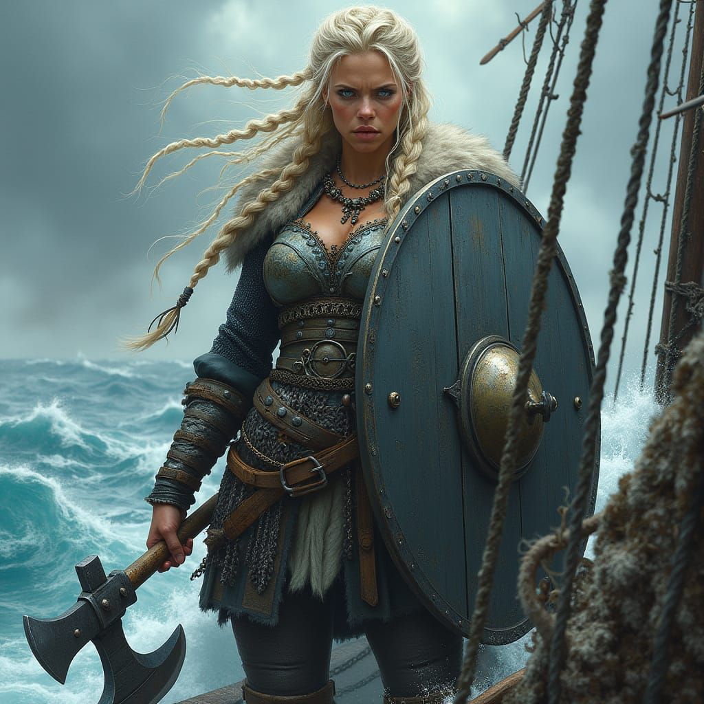 Viking Shieldmaiden on Stormy Sea, Hyperrealistic Style