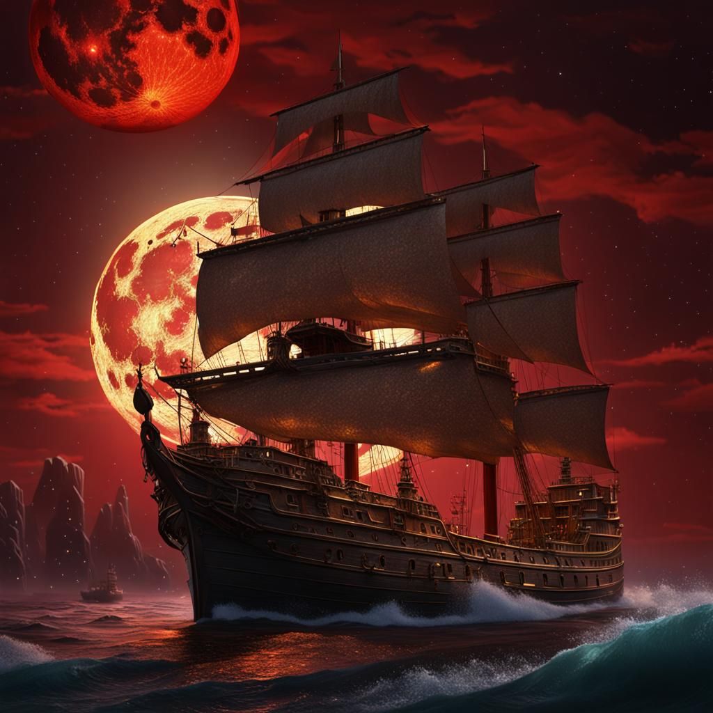 Gilded Ship at Sea Under Red Moon