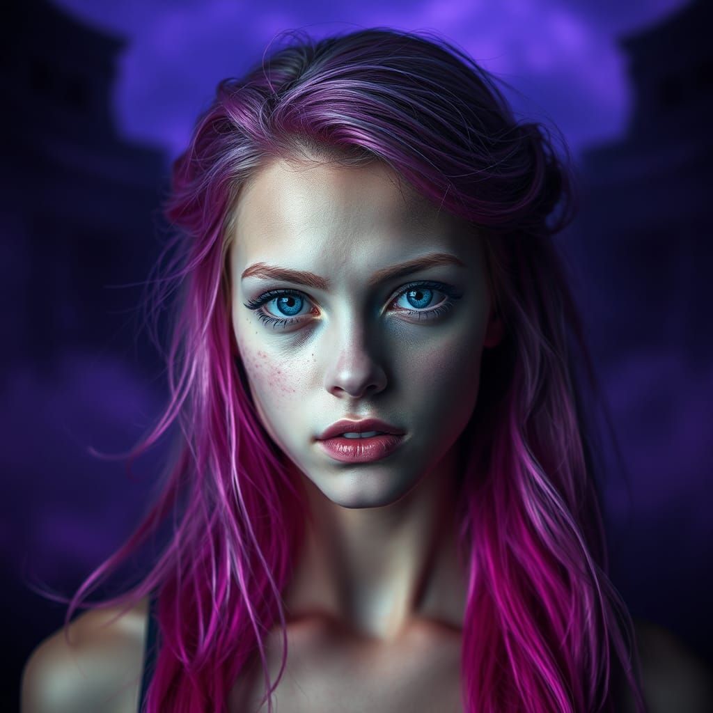 Woman with Pink Hair Confronts Darkness in Alex Gray Style