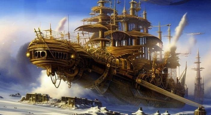 Steampunk Flying Ship Concept Art in Watercolor