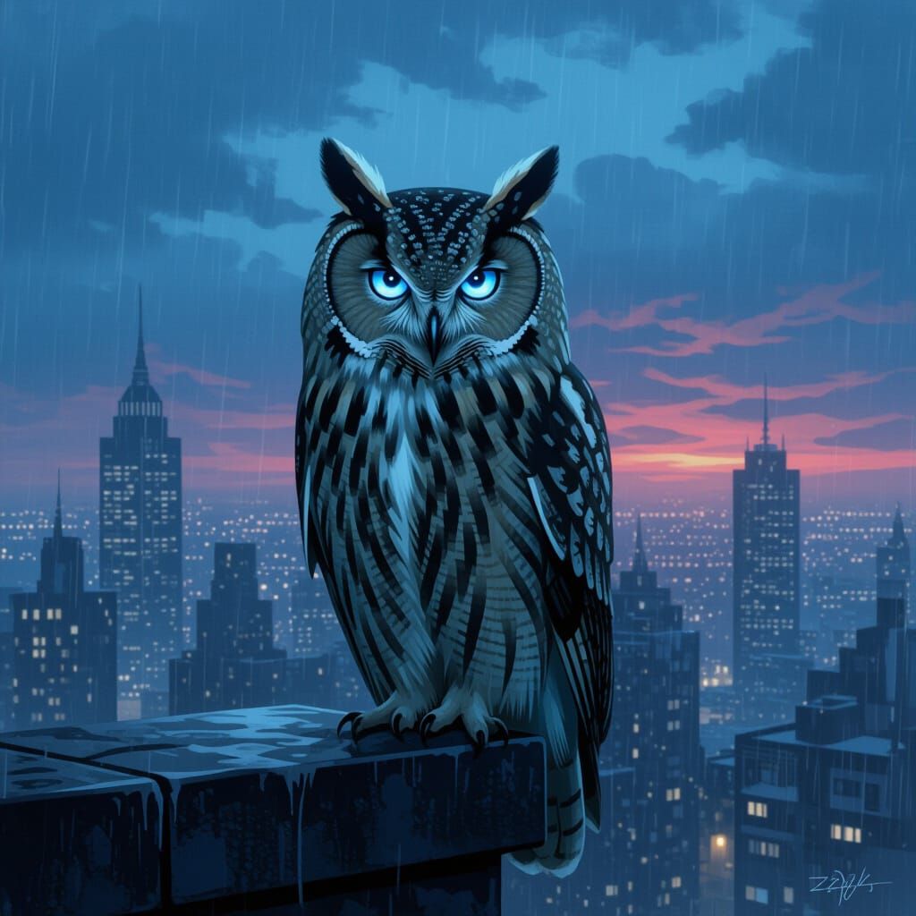 AI Owl in Melancholy Cityscape at Twilight