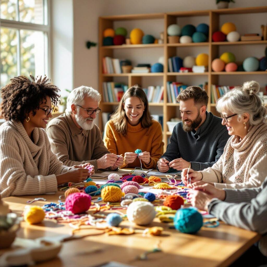 Diverse Group Crocheting Together in Classroom