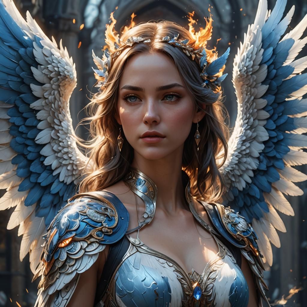 Angelic Girl with Flaming Wings: Detailed Fantasy Art