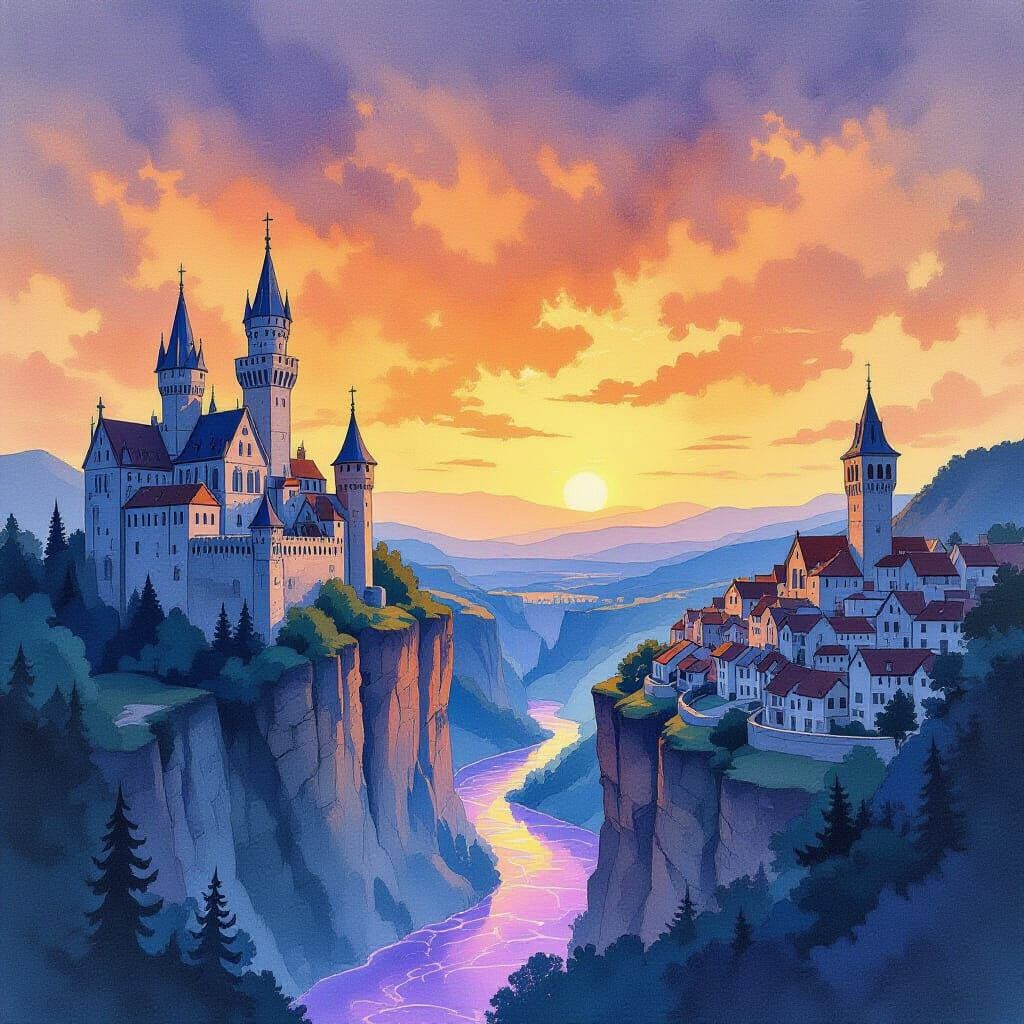 Escher-esque Bioluminescent Castle in Antique Watercolor Sty...