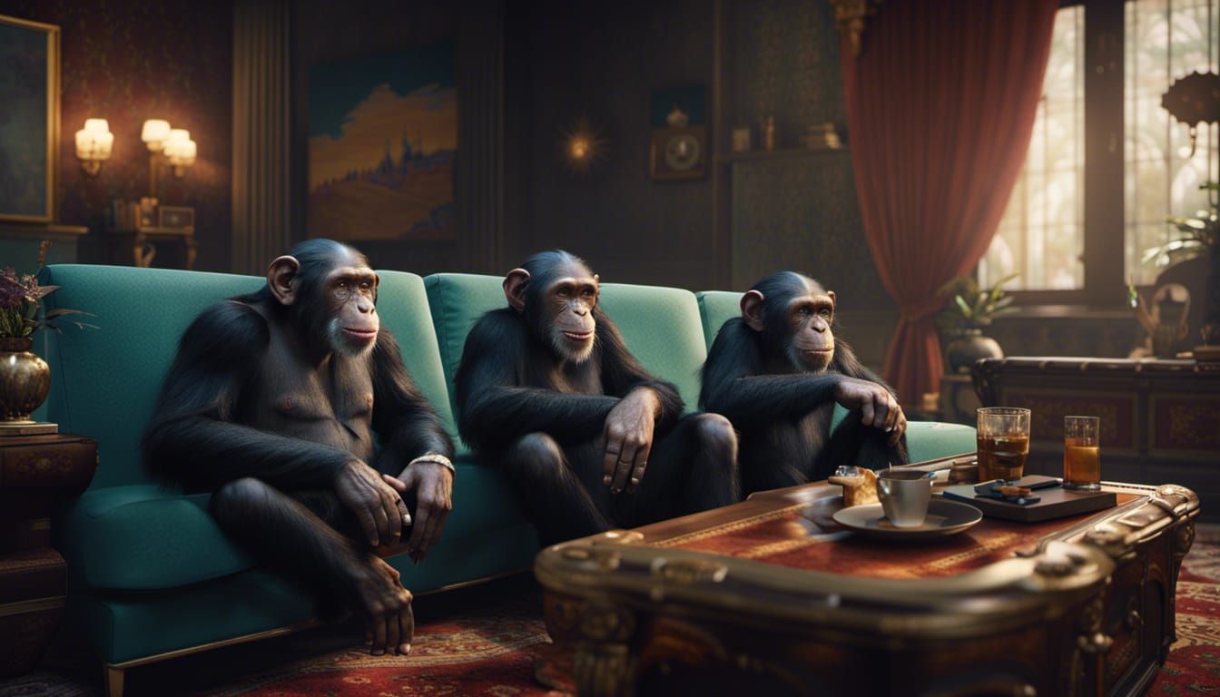 Chimpanzees Watch Television in Detailed Digital Painting
