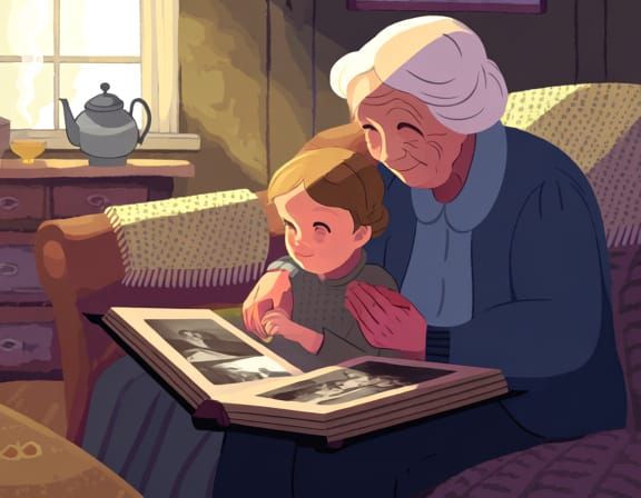 Generations Connect: Hands Holding in Nostalgic Photo Album