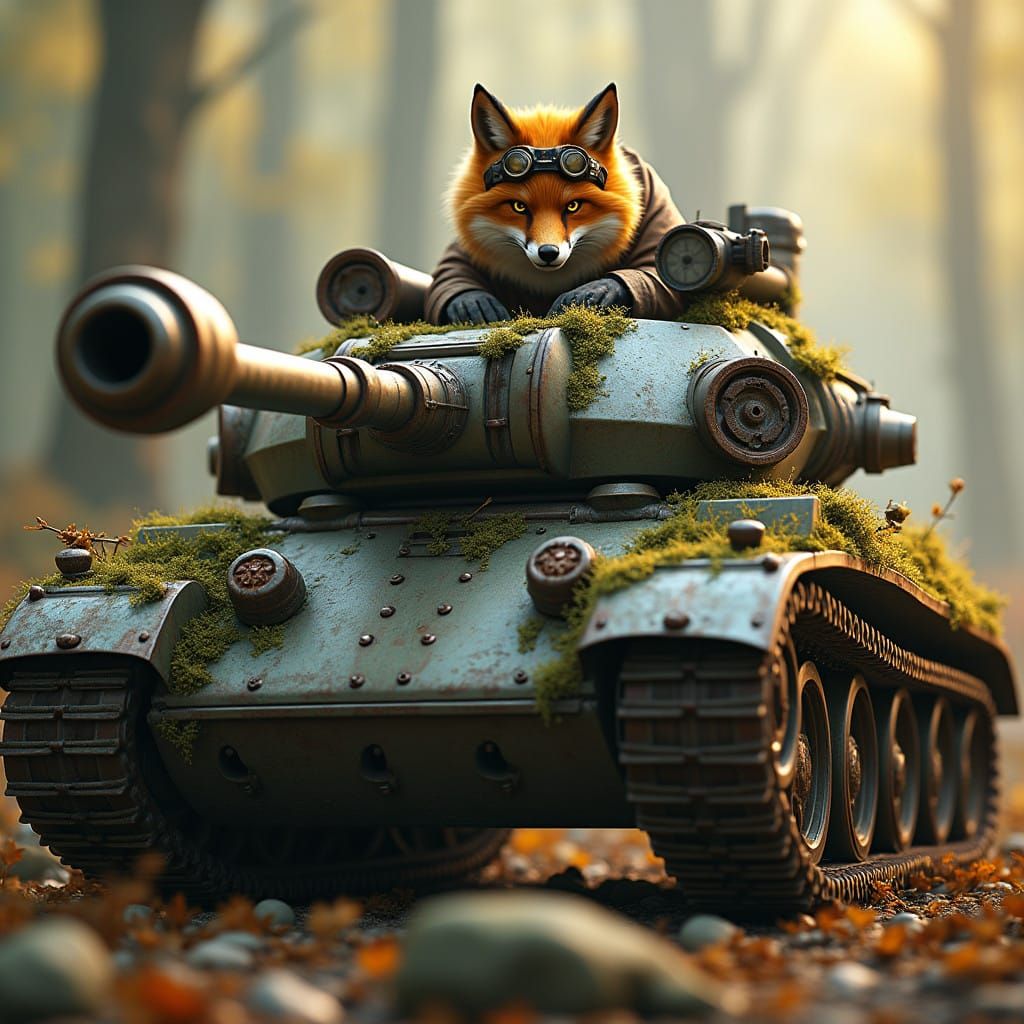 Cyberpunk Fox Operates Battle-Worn Tank in Fantastical Realm