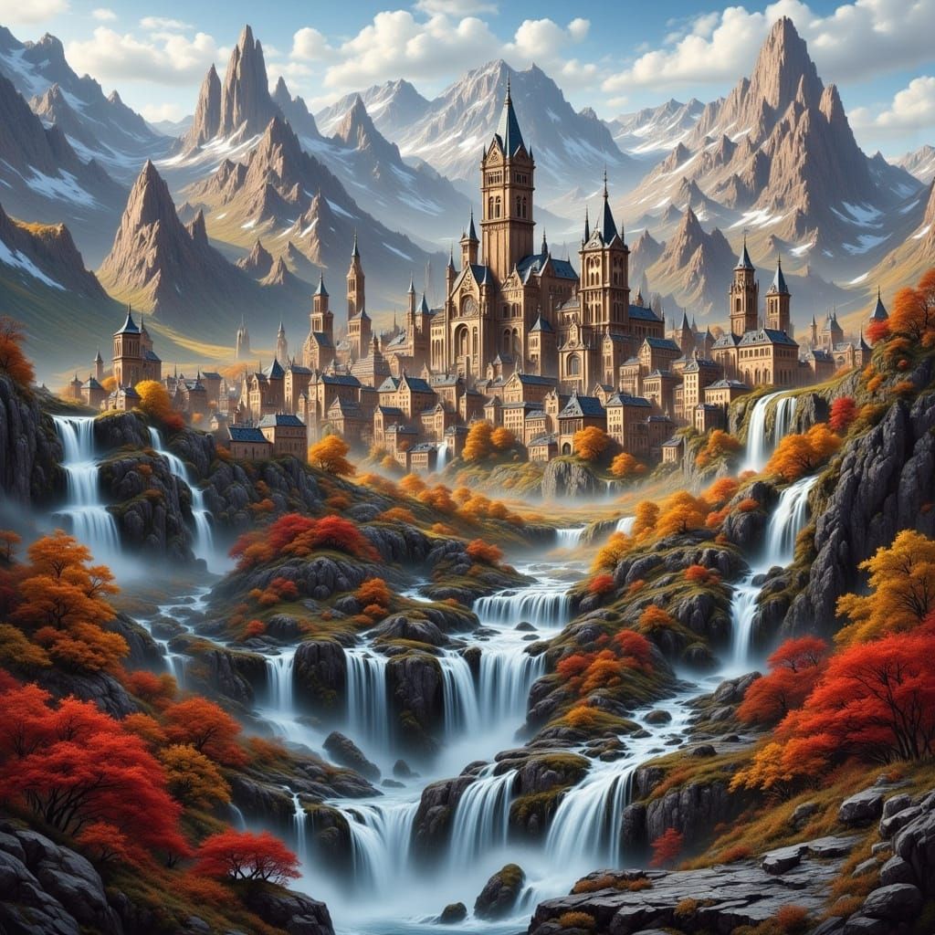 Steampunk Cityscape in Painterly Style with Autumnal Colors