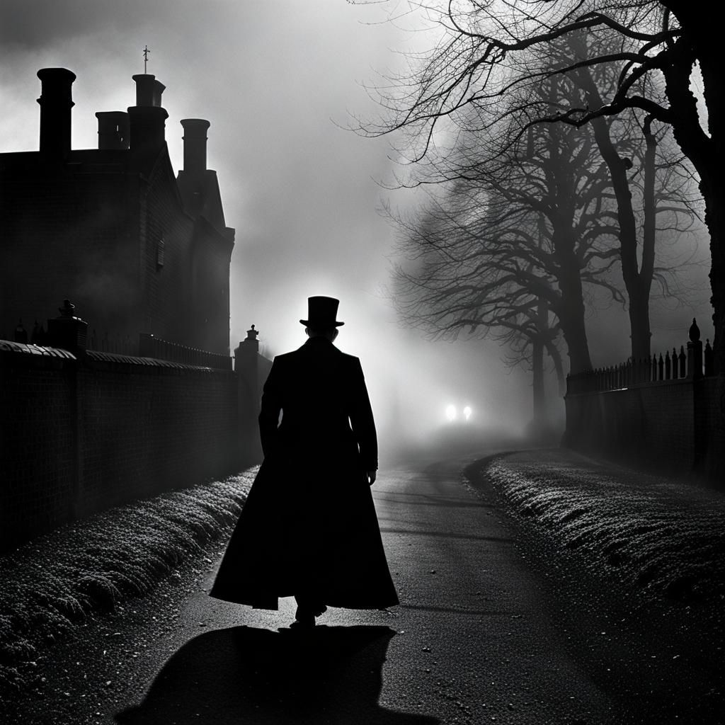 Ominous Figure in Shadowy London Fog, Film Noir