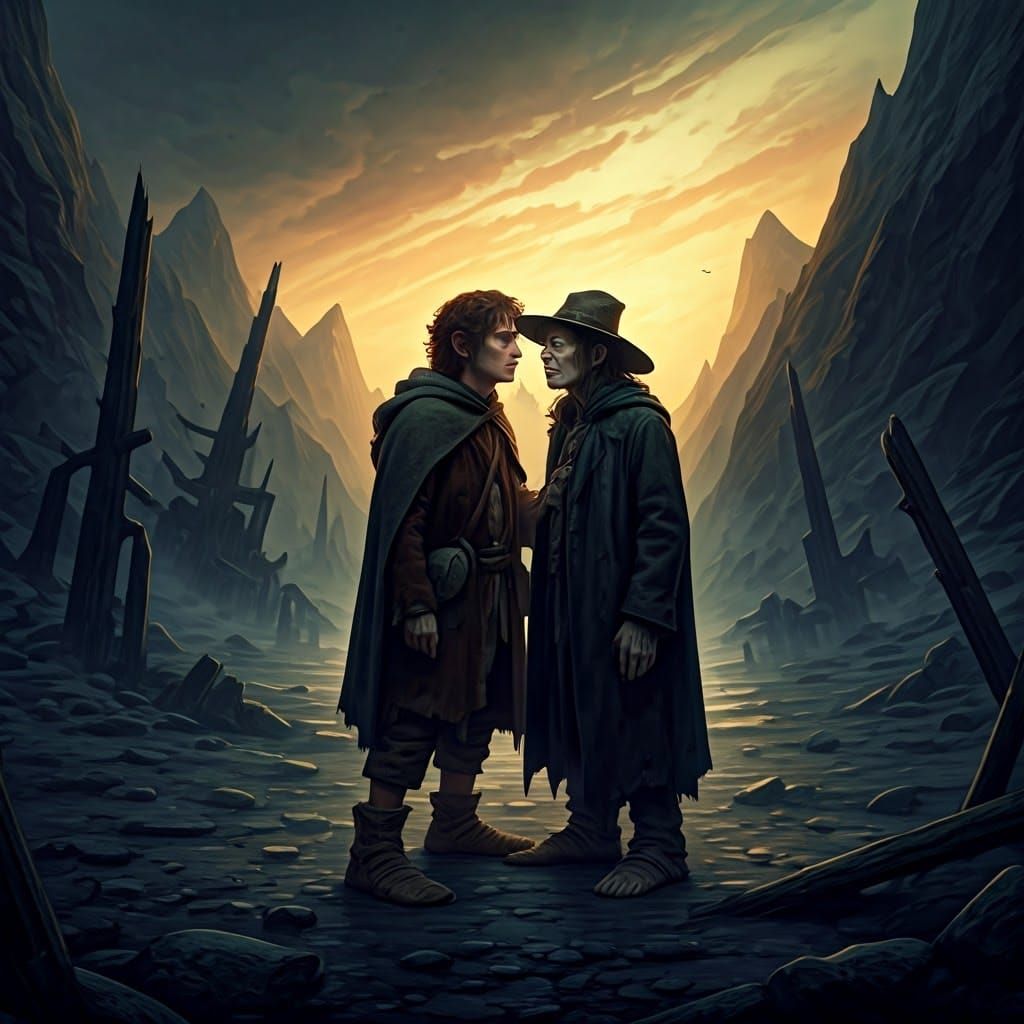 Frodo in a Desolate Wasteland, Whispering to Gollum