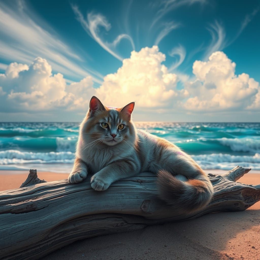 Serene Feline Goddess by the Turquoise Ocean