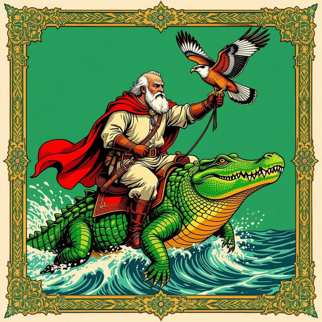 Ancient Mythic Banner: Man Riding Crocodile with Hawk