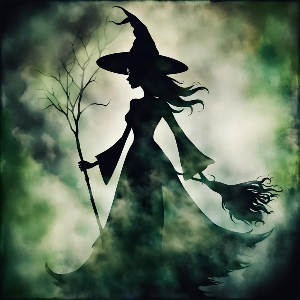 Ethereal Halloween Witch Wallpaper in Ink Wash Style