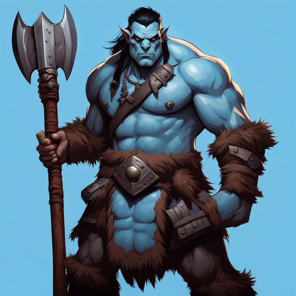 Blue-Skinned Orc Barbarian with Axe