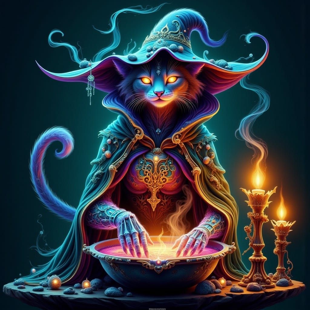 Majestic Feline Sorceress with Cauldron in Fantasy Style