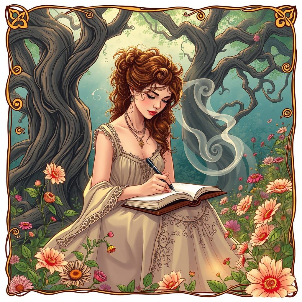 Dreamy Bohemian Garden Scene in Whimsical Comic Book Art