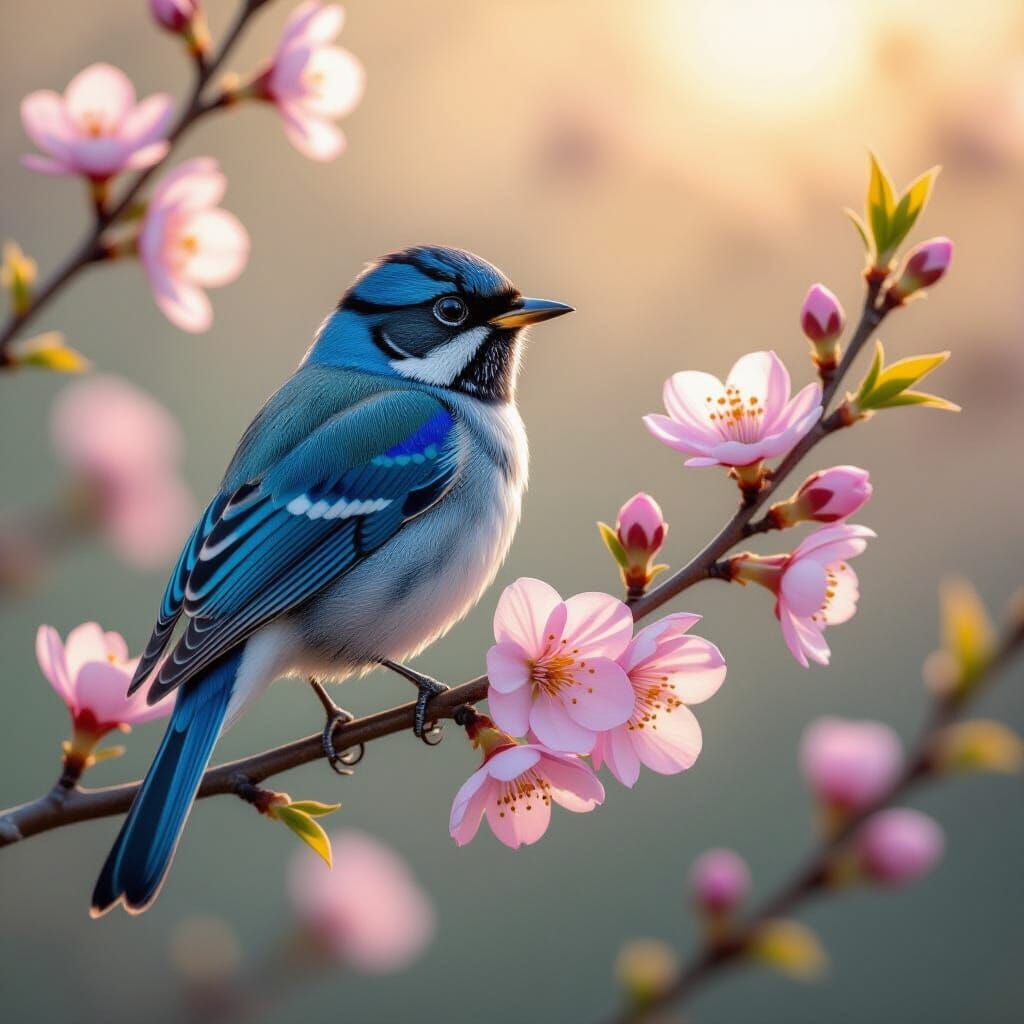 Iridescent Bird on Blossoming Branch in Mughal Cyberpunk Sty...