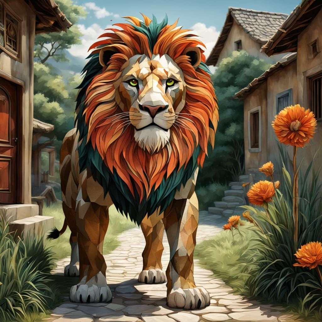 Lion at Village Entrance in Intricate Collage Style