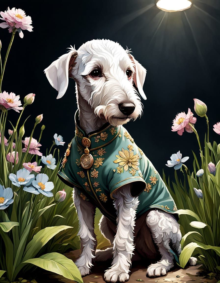 Charming Bedlington Terrier Girl in Whimsical Floral Attire