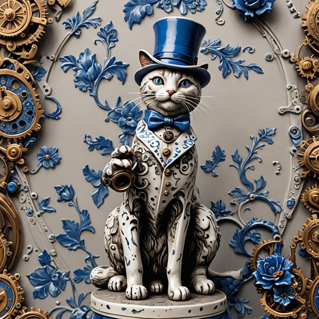 Steampunk Delft Cat Statue with Top Hat