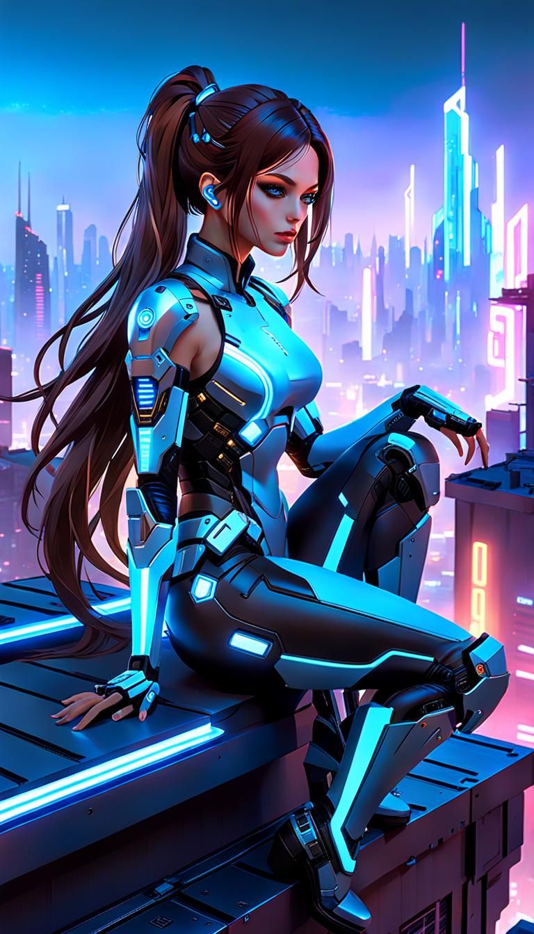 Cyborg Girl Gazing at Cyberpunk Cityscape