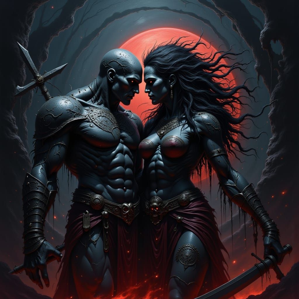 Cosmic Titans Saturn and Kali in Mythological Realism Style