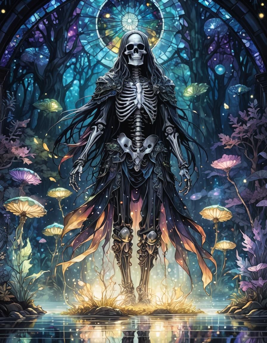 Mystical Skeleton in Gothic Stained Glass Forest