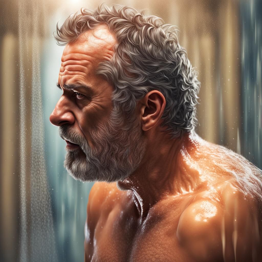 Hyperrealistic Portrait: 50-Year-Old Man in Shower