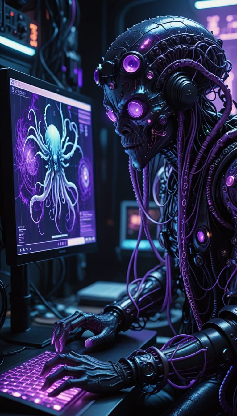Cyberpunk Android Vampire Octopus in Neon Holographic Code M...