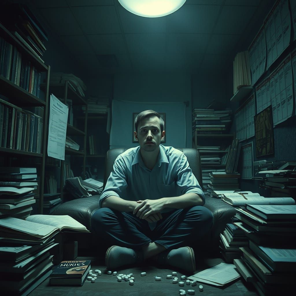 Anxious Figure in Dim Room: Dark Surrealism