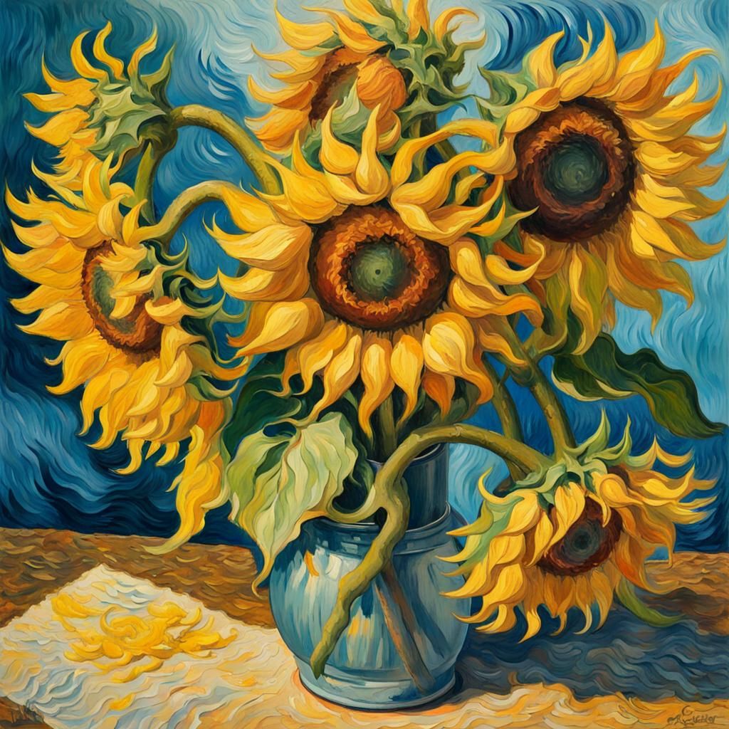 Sunflowers in Gouache Style, Impressionist Still Life
