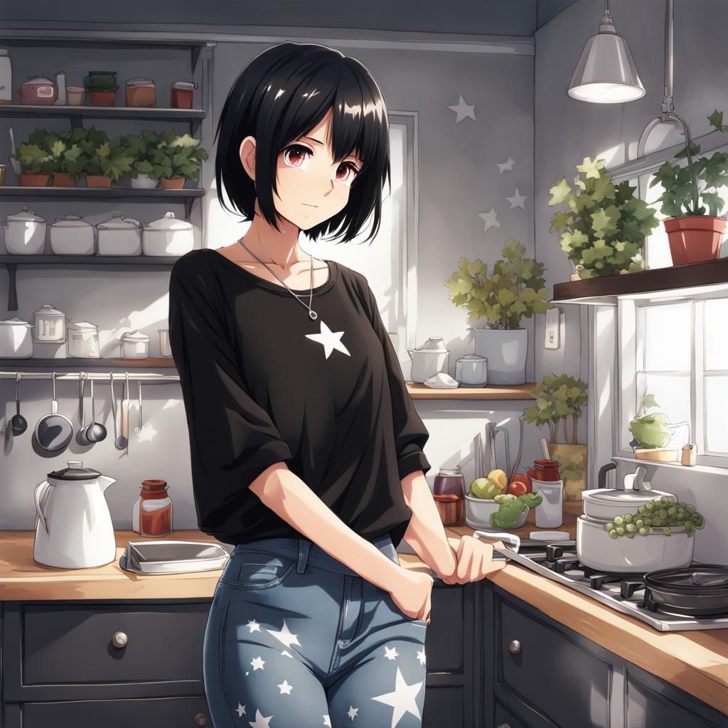 Anime Girl with Star Outfit in Kitchen