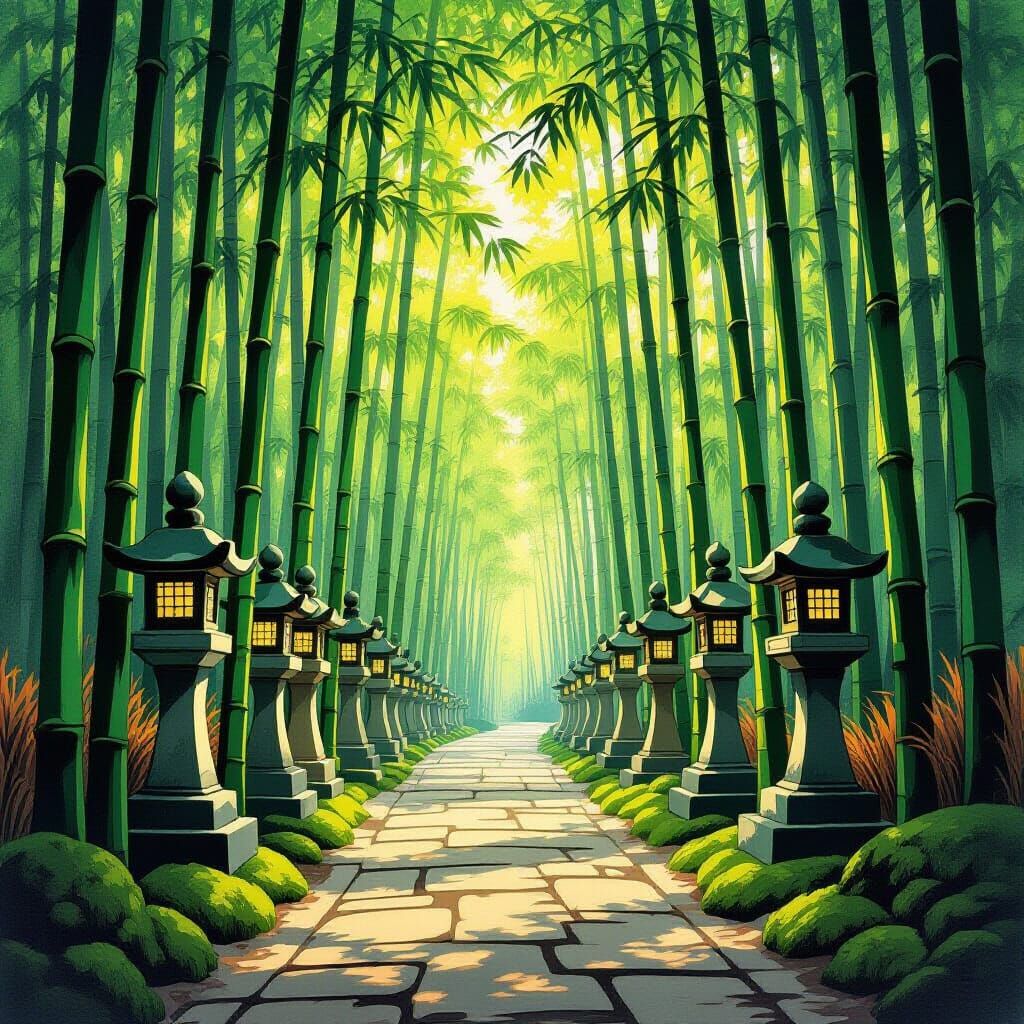 Kyoto Bamboo Forest Path in Woodblock Print Style