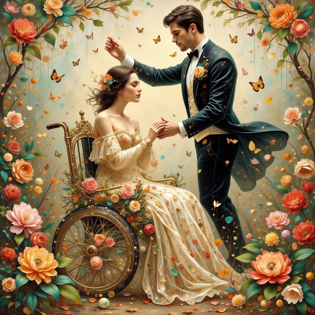 Elegant Dance: Man, Woman, and Wheelchair in Art Nouveau Sty...