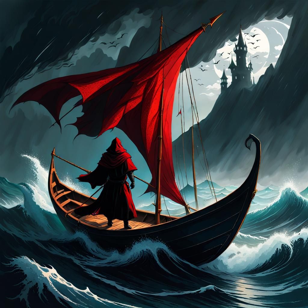 Dark Wizard Sailing to a Magical Shore
