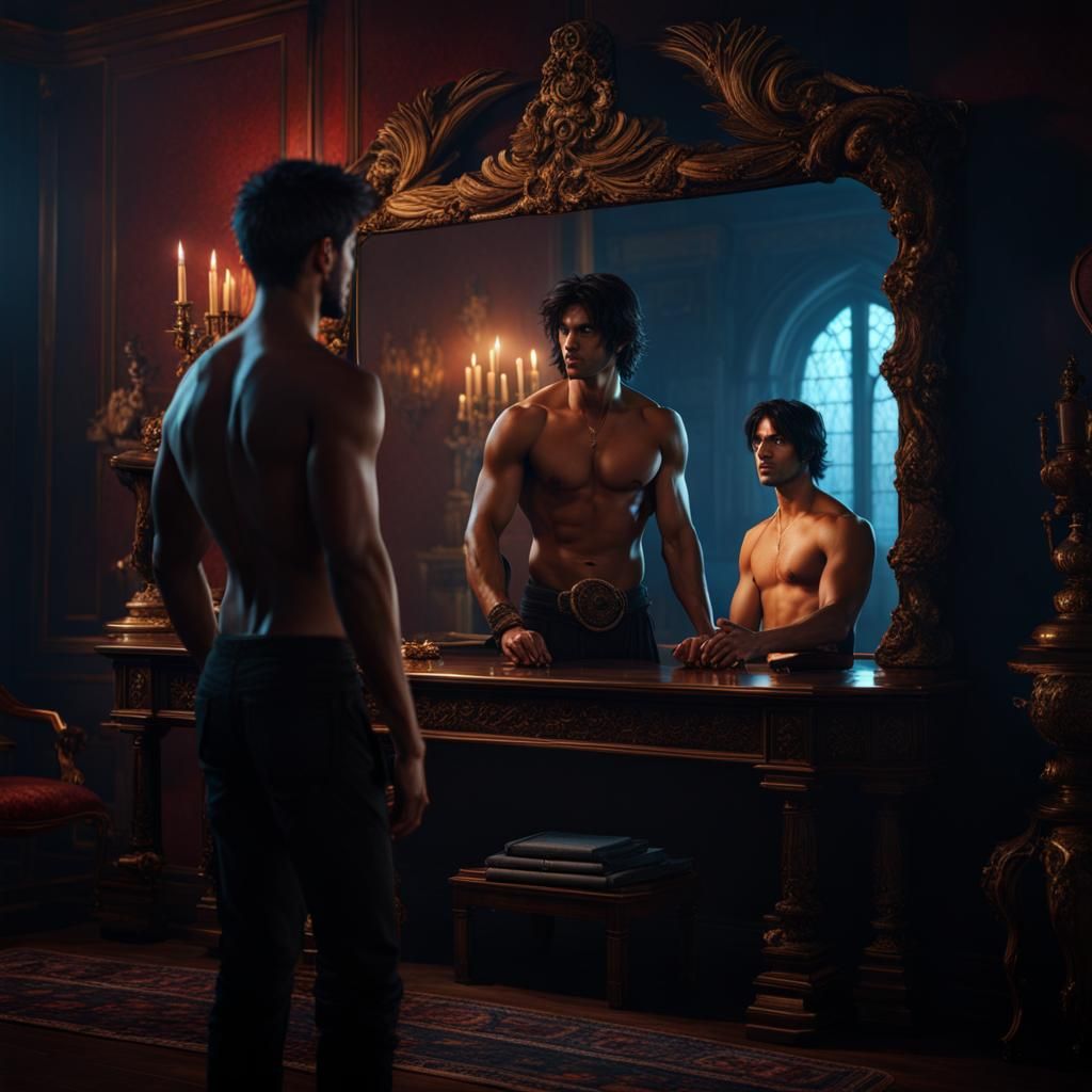 Young Man and Ghoul Mirror Reflection, Detailed Matte Painti...