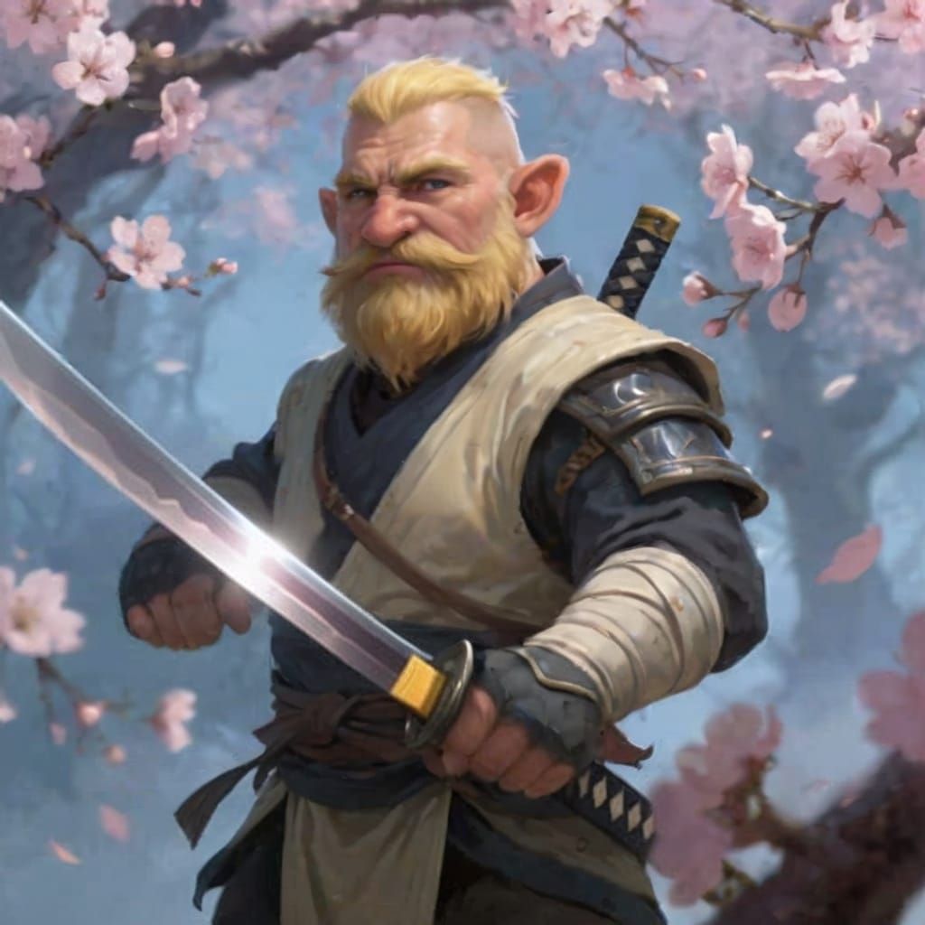 Dwarf Samurai Wielding Katana Among Blossoming Cherry Trees