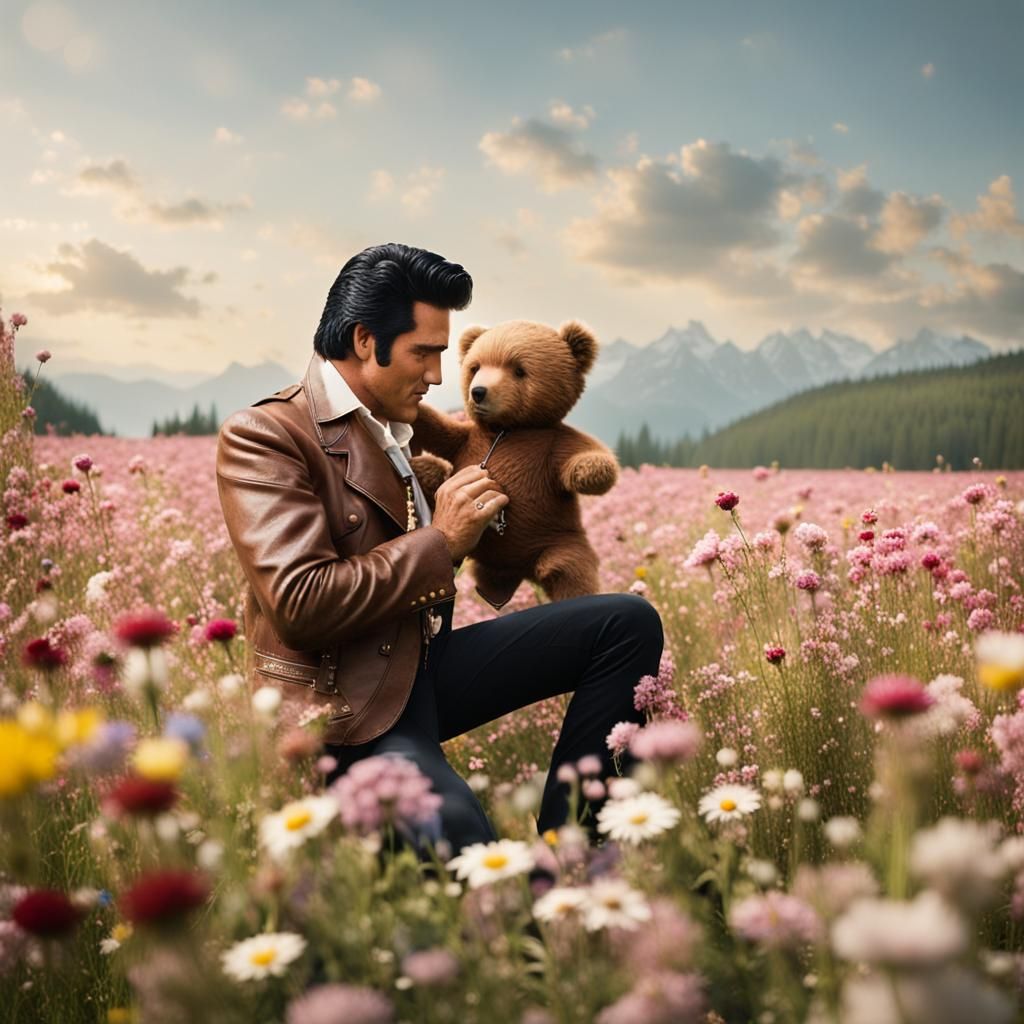 Elvis Presley and Bear in Flower Field