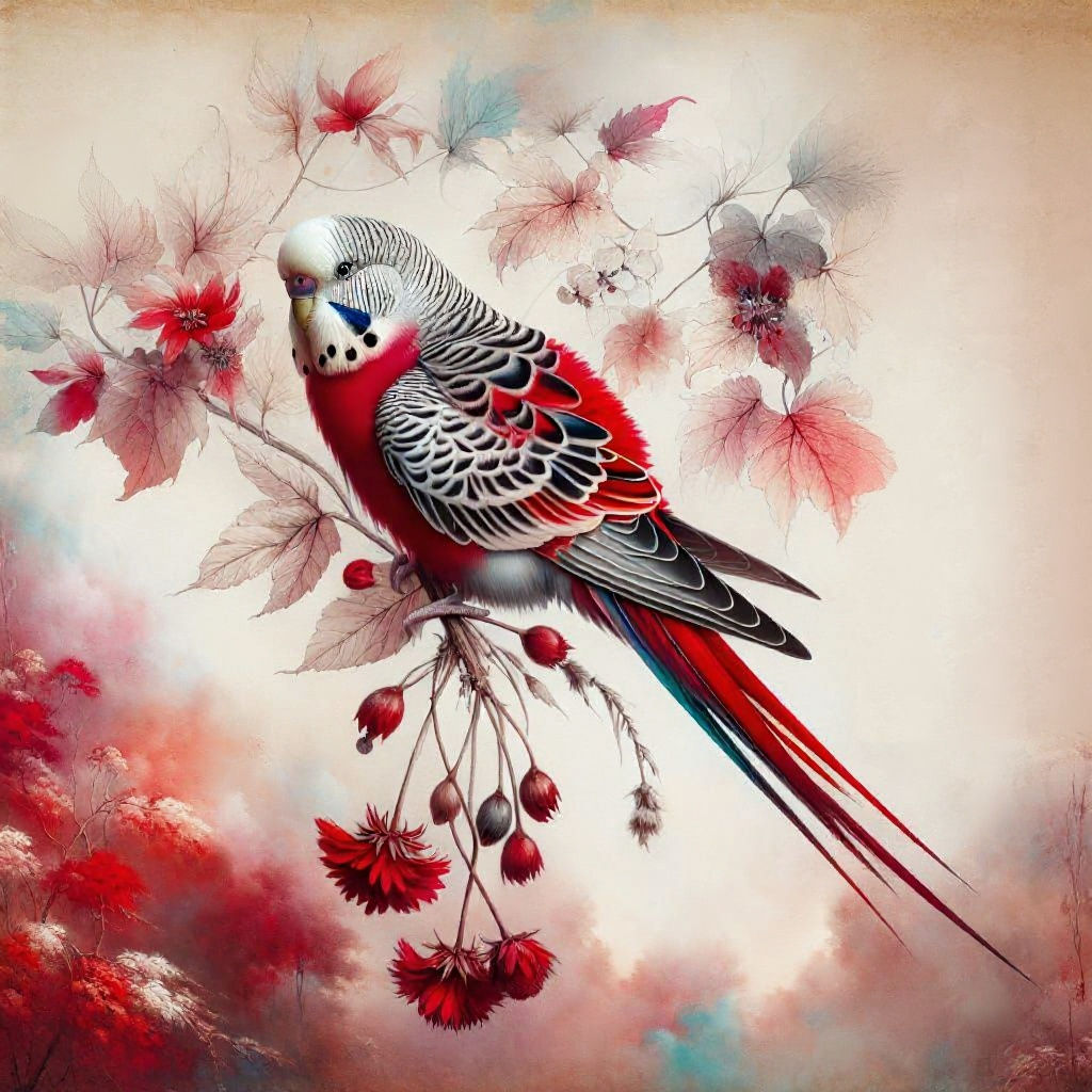 Surreal Budgerigar with Red Plumage in Misty Forest