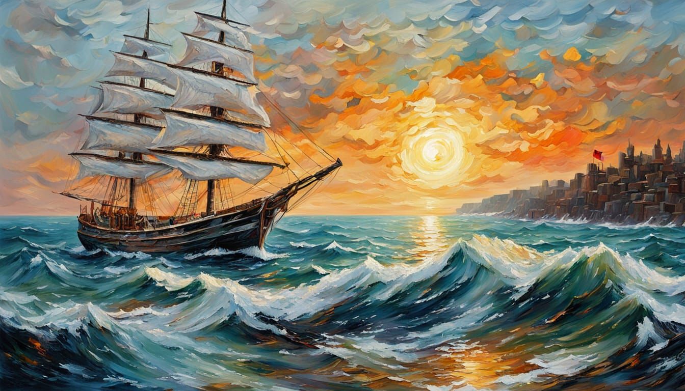 Vibrant Impasto Ocean Scene with Sail Ship and Harbor