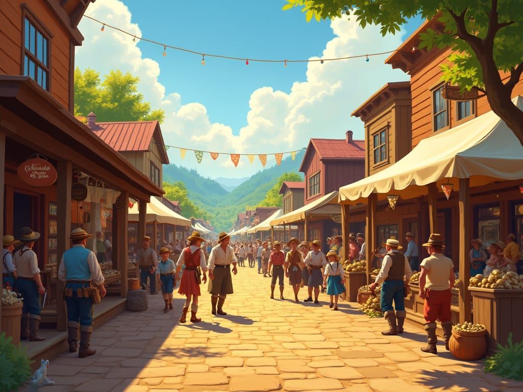 Pixar Style 19th Century Gold Rush Town Scene