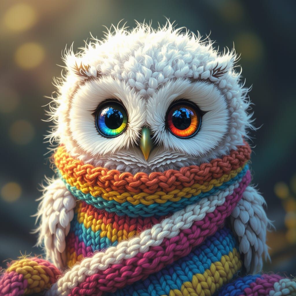 Whimsical Knitted Owl Portrait with Rainbow Eyes