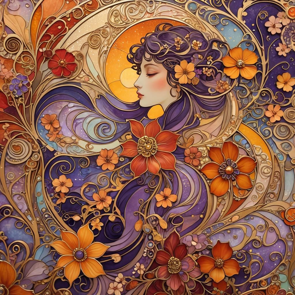 Art Nouveau Hawaii Sunset with Klimt Floral Motifs