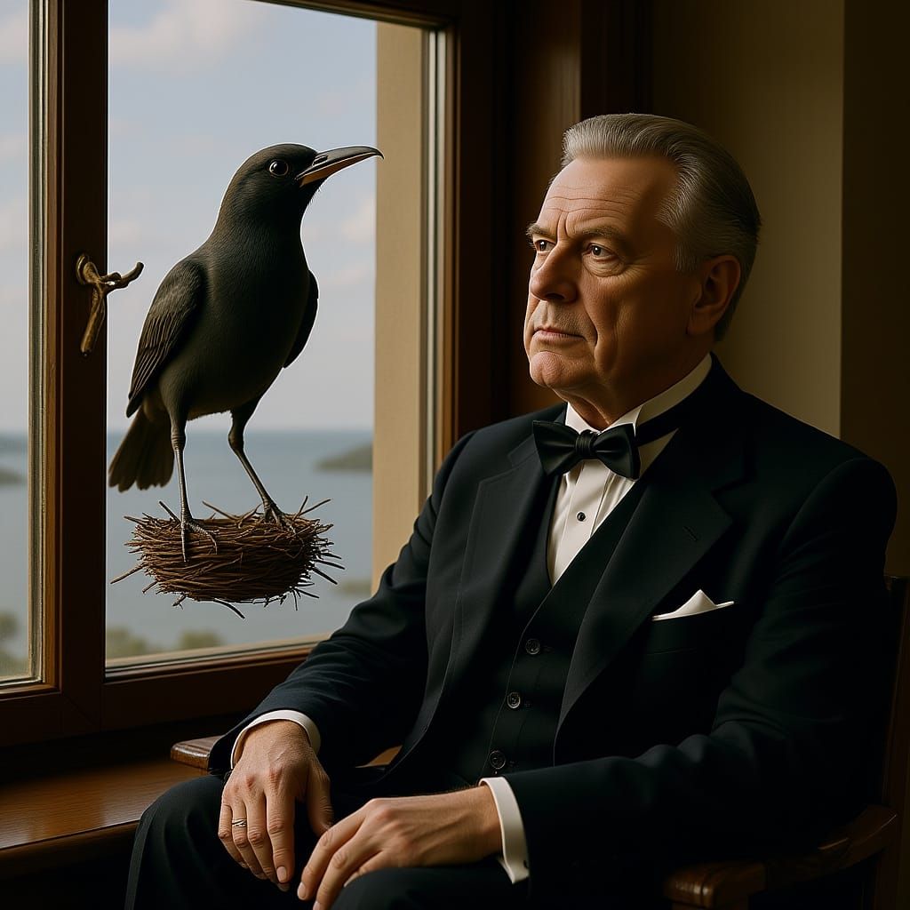 When he looked out the window, a bird was carrying a twig to...