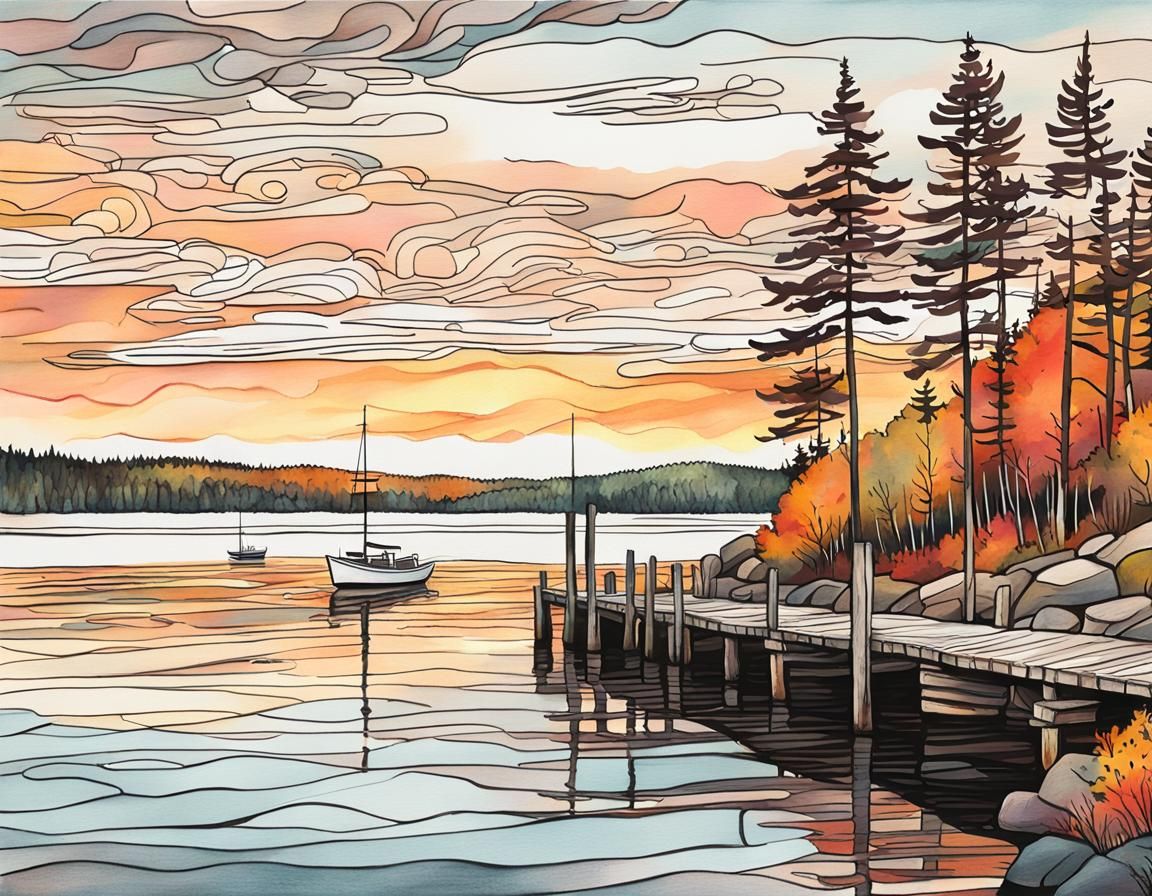 Picturesque Maine Harbor in Autumn: Stylized Digital Art